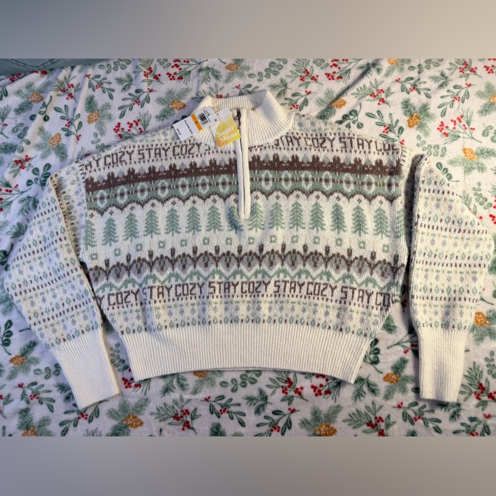 Sugar Moon Juniors Fair Isle Quarter Zip Knit Sweater Small NWT